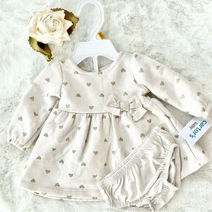 New with tags CARTERS 2PC DRESS with BLOOMERS. Gold glitter hearts on dress. Bow